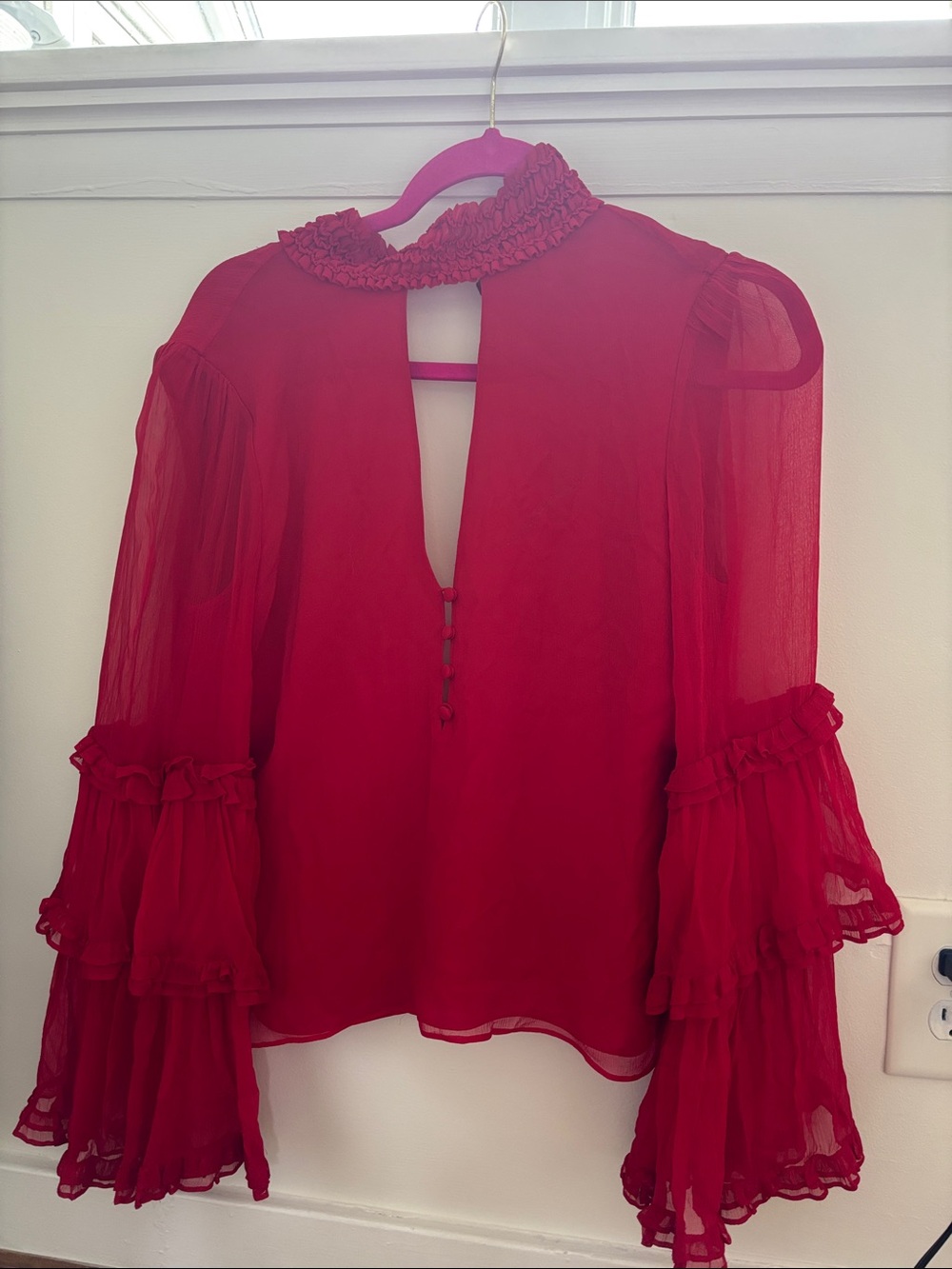 Alexis Crimson Ruffle-Neck Tiered Bell-Sleeve Blouse